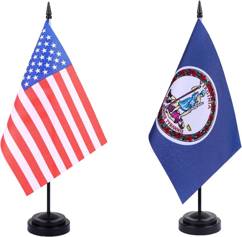 WXTWK 2 Pack USA Virginia Flag Virginia State Desk Flag Set - Mini Small Virginia Table Office Flags with Black 12" Solid Pole Stand Base Classroom Meeting Desktop Decorations - Image 1